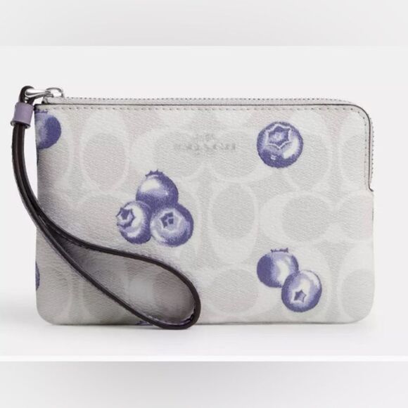 Limited Corner Zip Wristlet Signature Canvas Blueberry Print Bag Purse Wallet - Picture 7 of 9